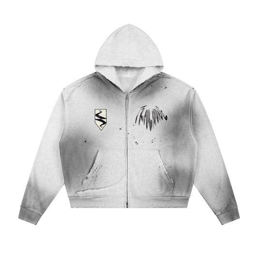 Sun Fade Frayed Raw Edge Fleece Zip Hoodie