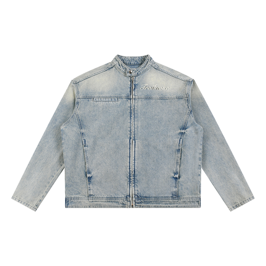 Vintage Wash Denim Biker Jacket